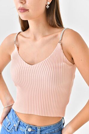 Askılı Sim Detaylı Pudra Mini Triko Crop Top