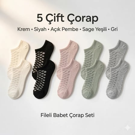 Kadın Fileli Babet Çorap 5'li Set - Nefes Alan, Görünmez, Esnek ve İnce Yazlık Çorap