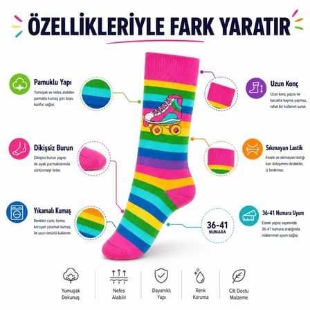 Gökkuşağı Çizgili Retro Paten Desenli Soket Çorap Pamuklu Dikişsiz Burun 36-40 Numara Uzun Konç — RE