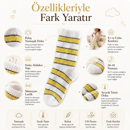 Peluş Çizgili Kadın Uyku Çorabı 36-40 Yumuşak Sıcak Tutan Sıkmayan Ev Çorabı Sarı Beyaz — RENK: Beya