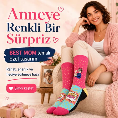 Best Mom Kadın Çorabı 36-40 Pamuklu Dikişsiz Burun Pop Art Desenli Renkli Soket Hediyelik Çorap — RE