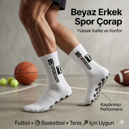 Kaydırmaz Futbol Basketbol Tenis Erkek Spor Çorap, Beyaz, Kaymaz Çorap Tabanlı, Dikişsiz ve Parfümlü
