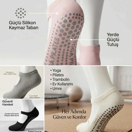 Kaymaz Taban Yoga ve Pilates Çorabı 8'li Kadın, Silikon Tabanlı Nefes Alabilir Bilek Bantlı Çorap, E