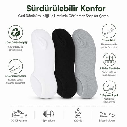 Erkek Geri Dönüşüm İplikli 6'lı Görünmez Sneaker Çorap, İnce Dikişli, Nefes Alan Yazlık Babet Çorabı
