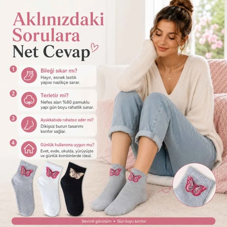 Kadın Kelebek Desenli Kısa Konç Çorap 12'li Paket, %80 Pamuklu Dikişsiz Burun, Nefes Alan Yumuşak Bi