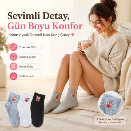 Kadın Ayıcık Desenli Kısa Konç Çorap 12'li Paket, %80 Pamuklu Dikişsiz Burun, Nefes Alan Yumuşak Bil
