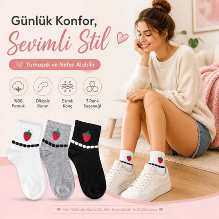 Kadın Çilek Desenli Kısa Konç Çorap 12'li Paket, %80 Pamuklu Dikişsiz Burun, Nefes Alan Yumuşak Bile