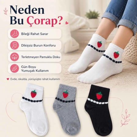 Kadın Çilek Desenli Kısa Konç Çorap 12'li Paket, %80 Pamuklu Dikişsiz Burun, Nefes Alan Yumuşak Bile