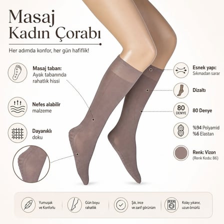 Kadın 4'lü Set Anne Masaj Tabanlı Dizaltı Çorap 80 Denye Esnek Rahat Günlük Kullanım — RENK: Çok Ren