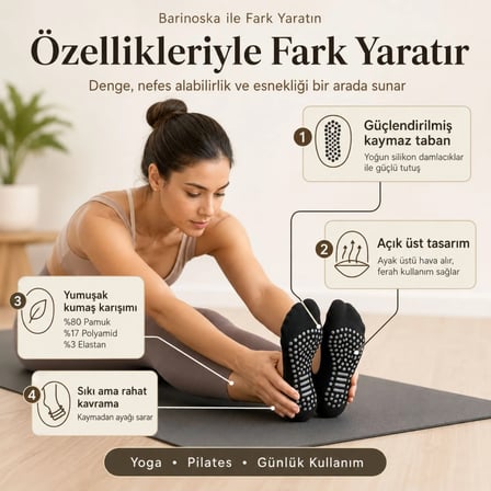 Kaymaz Taban 6'lı Yoga ve Pilates Çorabı Siyah Kadın, Silikon Tabanlı Nefes Alabilir Bilek Bantlı Ço