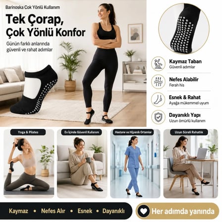 Kaymaz Taban 6'lı Yoga ve Pilates Çorabı Siyah Kadın, Silikon Tabanlı Nefes Alabilir Bilek Bantlı Ço