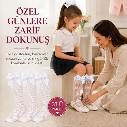 Kız Çocuk Beyaz File Dizaltı Çorap Fiyonklu 3'lü Paket Okul Tören Bayram Gösteri Çorabı Renk: Beyaz,