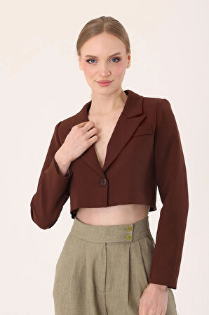 Crop Blazer Ceket-Kahverengi