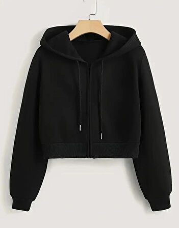 SİYAH KAPÜŞONLU crop hırka