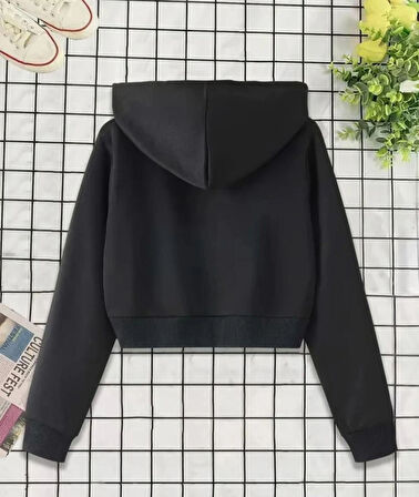 SİYAH KAPÜŞONLU crop hırka