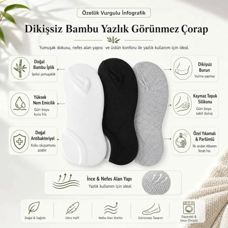 Wak Erkek Bambu 6’lı Dikişsiz Babet Çorap Siyah Beyaz Gri Görünmez Sneaker Çorap Nefes Alan Yumuşak