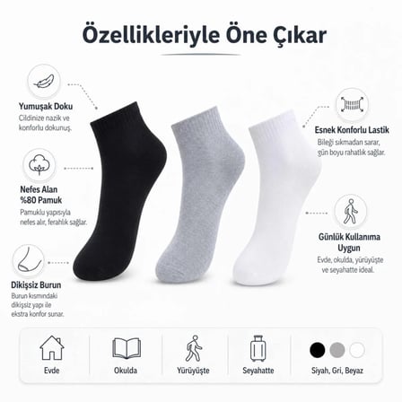 Wak Erkek Kısa Konç Çorap 3’lü Paket, %80 Pamuklu, Dikişsiz Burun, Nefes Alan Yumuşak Bilek Çorabı, Siyah Gri Beyaz