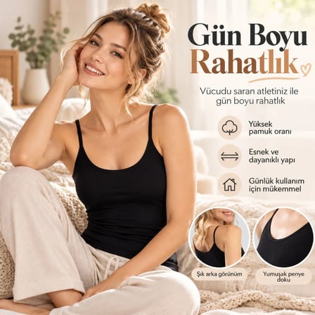 Wak Kadın Pamuklu İnce İp Askılı Derin Oval Yaka Düz Penye Atlet Siyah Beyaz | Günlük Rahatlık ve Şıklık
