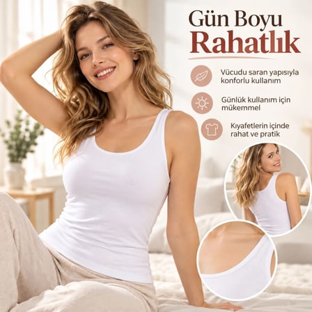 Wak Kadın Pamuklu Kalın Askılı Derin Oval Yaka Düz Atlet Beyaz | Günlük Kullanım İçin Şık ve Rahat Atlet