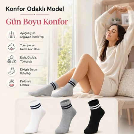 Wak Unisex Çizgili Kısa Konç 6’lı Bilek Çorabı, %80 Pamuklu Parfümlü, Dikişsiz Burun, Siyah Beyaz Gri, Yumuşak Günlük Spor Çorap