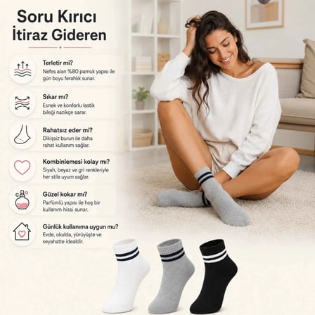 Wak Unisex Çizgili Kısa Konç 6’lı Bilek Çorabı, %80 Pamuklu Parfümlü, Dikişsiz Burun, Siyah Beyaz Gri, Yumuşak Günlük Spor Çorap