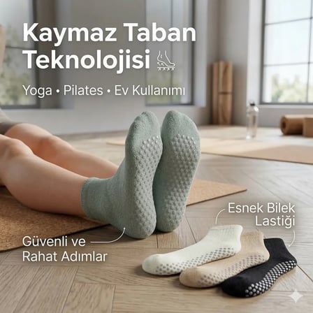 Wak Kaymaz Tabanlı Yoga Pilates 4’lü Çorap, Silikon Tabanlı Esnek Bilekli Nefes Alan Ev ve Spor Çorabı