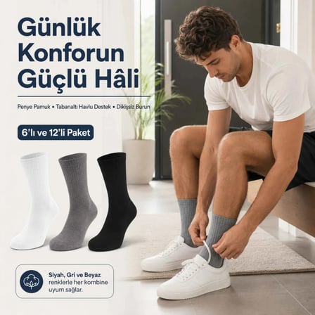 Wak Erkek Spor Çorap 6 Çift, Taban Altı Havlu Destekli Penye Pamuklu Uzun Konç Çorap, Dikişsiz Burun, Yıkamalı Parfümlü, Siyah Gri Beyaz