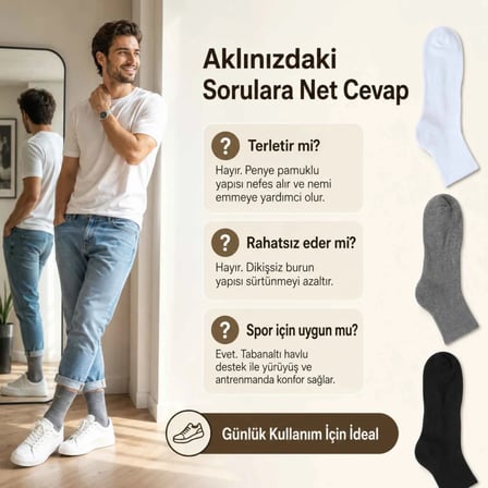Wak Erkek Spor Çorap 6 Çift, Taban Altı Havlu Destekli Penye Pamuklu Uzun Konç Çorap, Dikişsiz Burun, Yıkamalı Parfümlü, Siyah Gri Beyaz