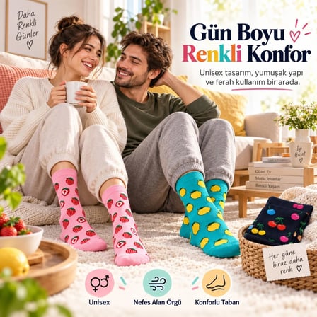 Wak Kadın Ve Erkek Çorap Meyve Desenli Renkli 3'lü Set Uzun Soket Günlük Rahat Çorap Seti