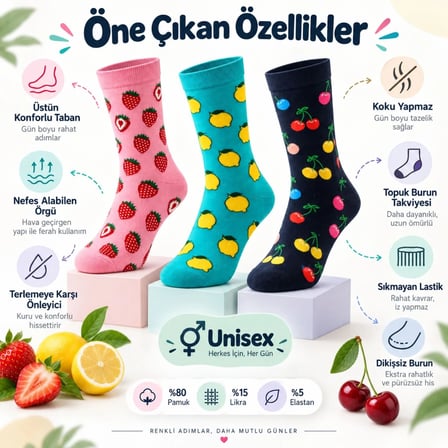 Wak Kadın Ve Erkek Çorap Meyve Desenli Renkli 3'lü Set Uzun Soket Günlük Rahat Çorap Seti