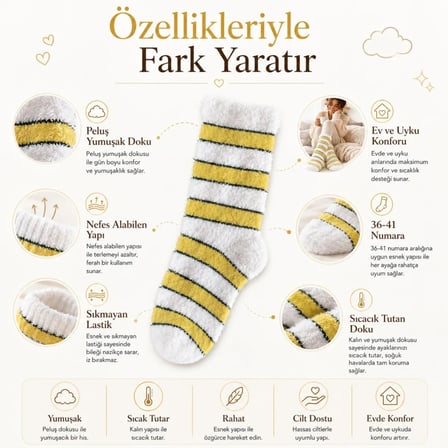 Wak Peluş Çizgili Kadın Uyku Çorabı 36-40 Yumuşak Sıcak Tutan Sıkmayan Ev Çorabı Sarı Beyaz