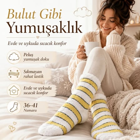 Wak Peluş Çizgili Kadın Uyku Çorabı 36-40 Yumuşak Sıcak Tutan Sıkmayan Ev Çorabı Sarı Beyaz