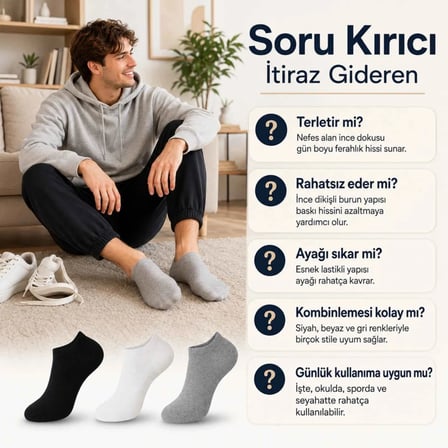 Wak Unisex Kısa Konç 6’lı Patik Çorap, %85 Pamuklu Geri Dönüştürülmüş İplik, Parfümlü İnce Dikişli, Günlük Spor Çorabı