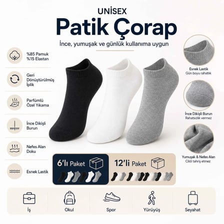 Wak Unisex Kısa Konç 6’lı Patik Çorap, %85 Pamuklu Geri Dönüştürülmüş İplik, Parfümlü İnce Dikişli, Günlük Spor Çorabı