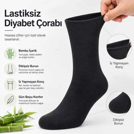 Wak Bambu Diyabet Çorabı Lastiksiz Dikişsiz Burun Siyah Uzun Konç Hassas Ayaklar İçin
