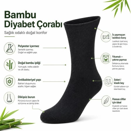 Wak Bambu Diyabet Çorabı Lastiksiz Dikişsiz Burun Siyah Uzun Konç Hassas Ayaklar İçin