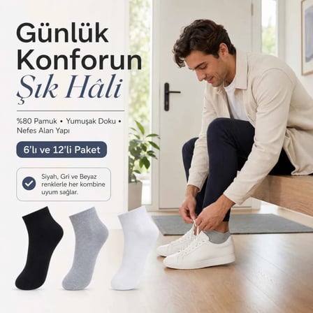 Wak Erkek Kısa Konç Çorap 6’lı Paket, %80 Pamuklu, Dikişsiz Burun, Nefes Alan Yumuşak Bilek Çorabı, Siyah Gri Beyaz