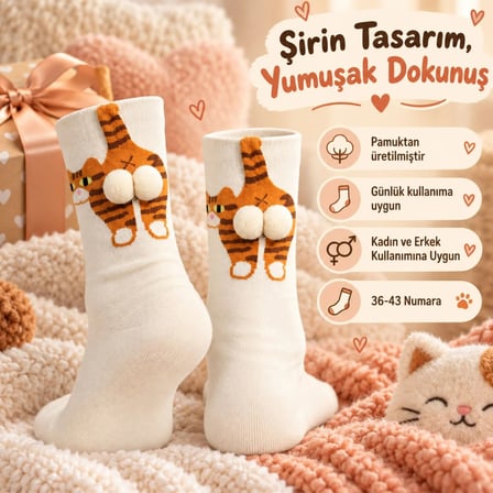 Wak Kadın Krem Turuncu Kedi Desenli Ponponlu Soket Çorap Seti | Kedi Figürlü Eğlenceli Çorap Modeli