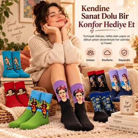 Wak UNİSEX Çorap Sanat Temalı Renkli 7'li Set Portre Tablo Desenli Uzun Soket Günlük Eğlenceli Çorap Şık
