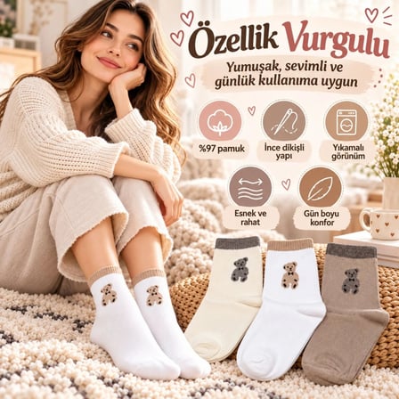 Wak Kadın 3'lü Ayıcık Desenli Soket Çorap Seti | Ekru Beyaz ve Bej Renkli Sevimli Günlük Çorap Modelleri