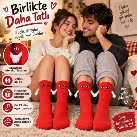 Wak Mıknatıslı El Ele 2'li Unisex Tutuşan Sevimli Çorap 36-44 | Çift Hediyesi, Pamuklu Renkli Crew Model