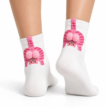 Wak Kadın Beyaz Pembe Kedi Desenli Ponponlu Soket Çorap | Sevimli 3D Kedi Figürlü Eğlenceli Günlük Çorap