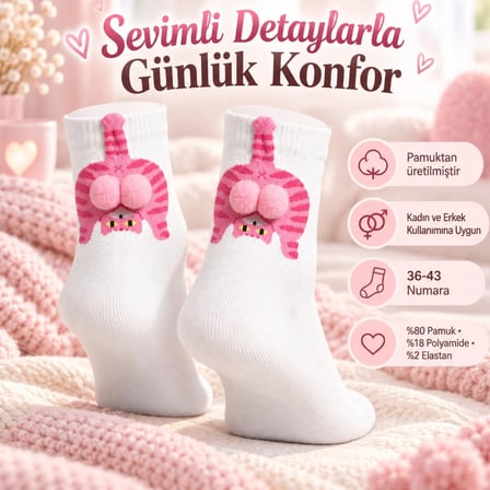 Wak Kadın Beyaz Pembe Kedi Desenli Ponponlu Soket Çorap | Sevimli 3D Kedi Figürlü Eğlenceli Günlük Çorap