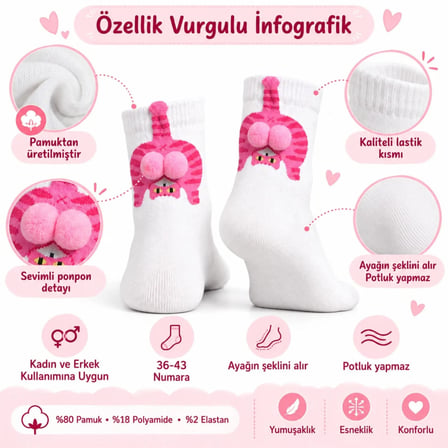 Wak Kadın Beyaz Pembe Kedi Desenli Ponponlu Soket Çorap | Sevimli 3D Kedi Figürlü Eğlenceli Günlük Çorap