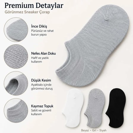 Wak Erkek Geri Dönüşüm İplikli 6’lı Görünmez Sneaker Çorap, İnce Dikişli, Nefes Alan Yazlık Babet Çorabı, Kaymaz Topuklu Siyah Gri Beyaz