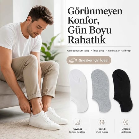 Wak Erkek Geri Dönüşüm İplikli 6’lı Görünmez Sneaker Çorap, İnce Dikişli, Nefes Alan Yazlık Babet Çorabı, Kaymaz Topuklu Siyah Gri Beyaz
