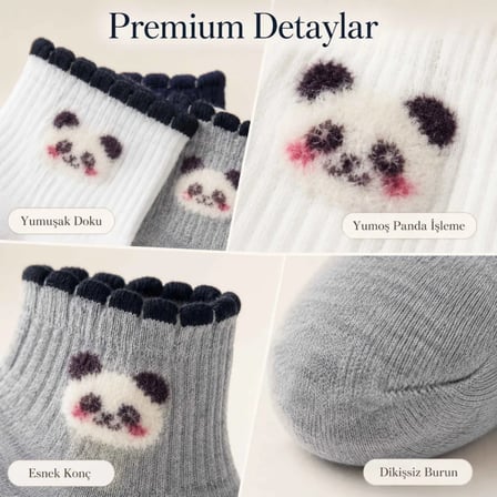 Wak Kadın Panda Desenli Kısa Konç Çorap 3’lü Paket, %80 Pamuklu Dikişsiz Burun, Nefes Alan Yumuşak Bilek Çorabı, Siyah Beyaz Gri