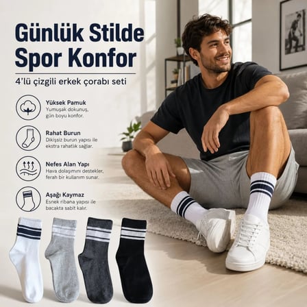 Wak 4’lü Çizgili Erkek Spor Çorabı Seti Pamuklu Fitilli Rahat Burunlu Beyaz Gri Siyah