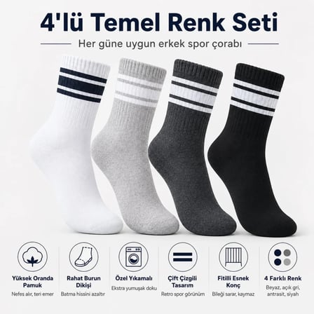 Wak 4’lü Çizgili Erkek Spor Çorabı Seti Pamuklu Fitilli Rahat Burunlu Beyaz Gri Siyah