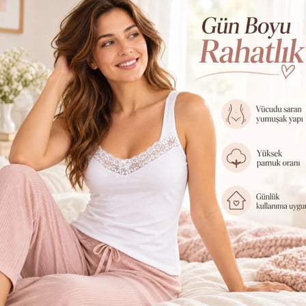 Wak Kadın Dantelli Kalın Askılı Atlet Siyah Beyaz | V Yakalı Dantel Detaylı Şık ve Rahat İç Giyim Atleti